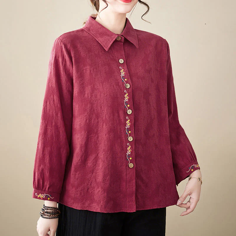 Camicia da donna in cotone con risvolto, a maniche lunghe, con motivo floreale ricamato, motivo Buddha Stones Spring - Image 27