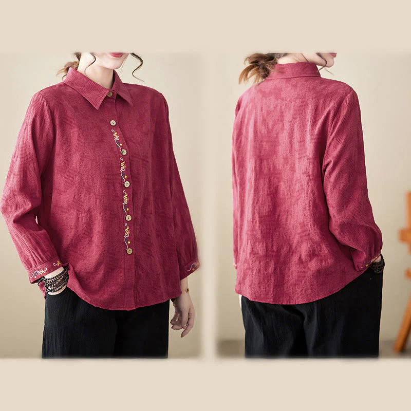 Camicia da donna in cotone con risvolto, a maniche lunghe, con motivo floreale ricamato, motivo Buddha Stones Spring - Image 28