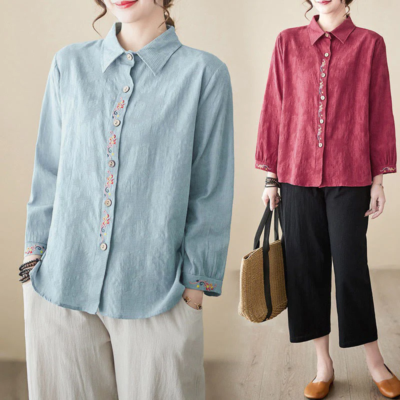 Camicia da donna in cotone con risvolto, a maniche lunghe, con motivo floreale ricamato, motivo Buddha Stones Spring - Image 29