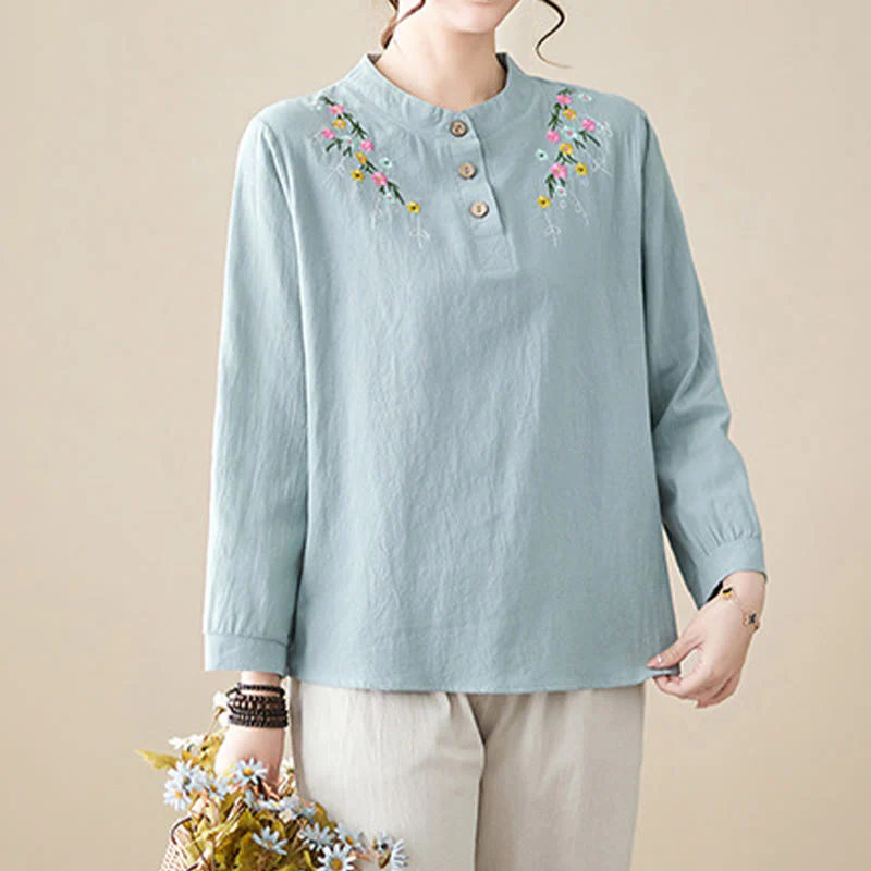 Camicia da donna in cotone con risvolto, a maniche lunghe, con motivo floreale ricamato, motivo Buddha Stones Spring - Image 3