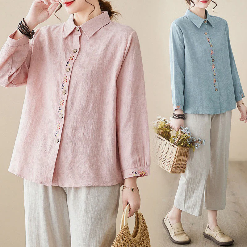 Camicia da donna in cotone con risvolto, a maniche lunghe, con motivo floreale ricamato, motivo Buddha Stones Spring - Image 30