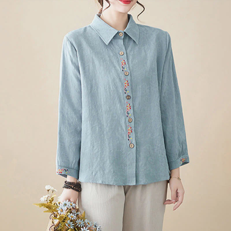 Camicia da donna in cotone con risvolto, a maniche lunghe, con motivo floreale ricamato, motivo Buddha Stones Spring - Image 4