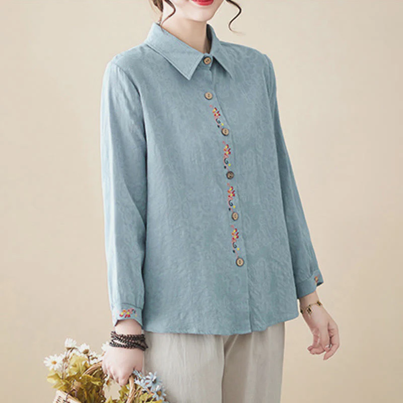 Camicia da donna in cotone con risvolto, a maniche lunghe, con motivo floreale ricamato, motivo Buddha Stones Spring - Image 5