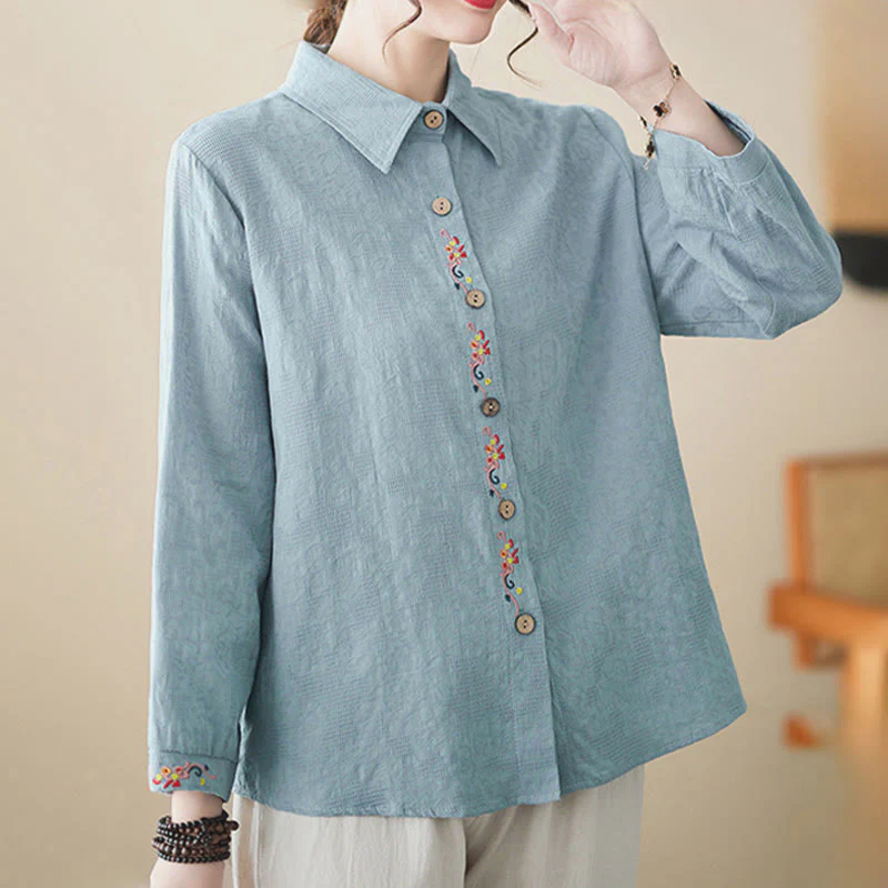 Camicia da donna in cotone con risvolto, a maniche lunghe, con motivo floreale ricamato, motivo Buddha Stones Spring - Image 6