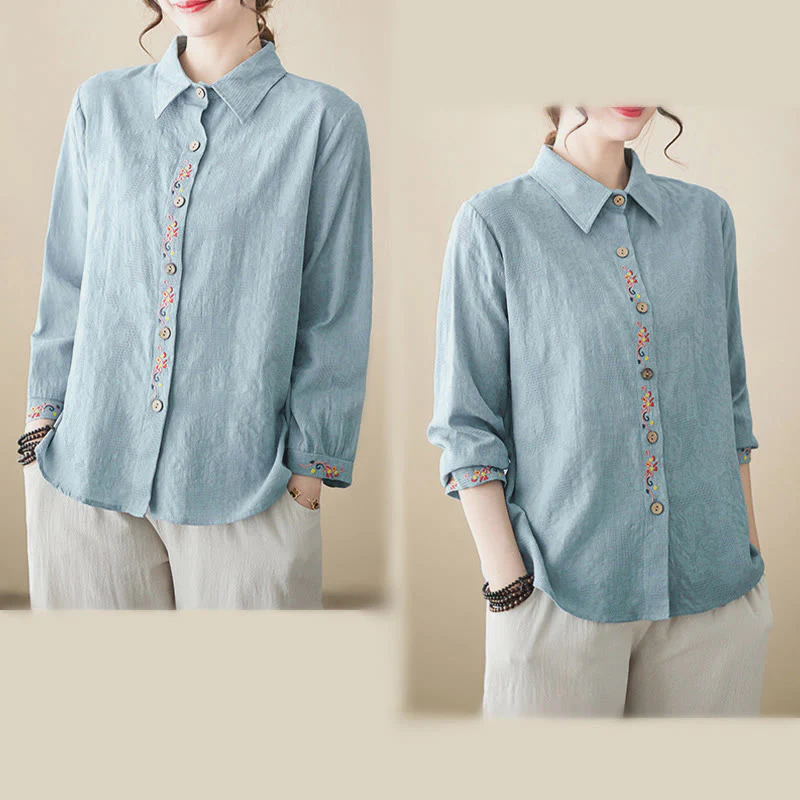 Camicia da donna in cotone con risvolto, a maniche lunghe, con motivo floreale ricamato, motivo Buddha Stones Spring - Image 7