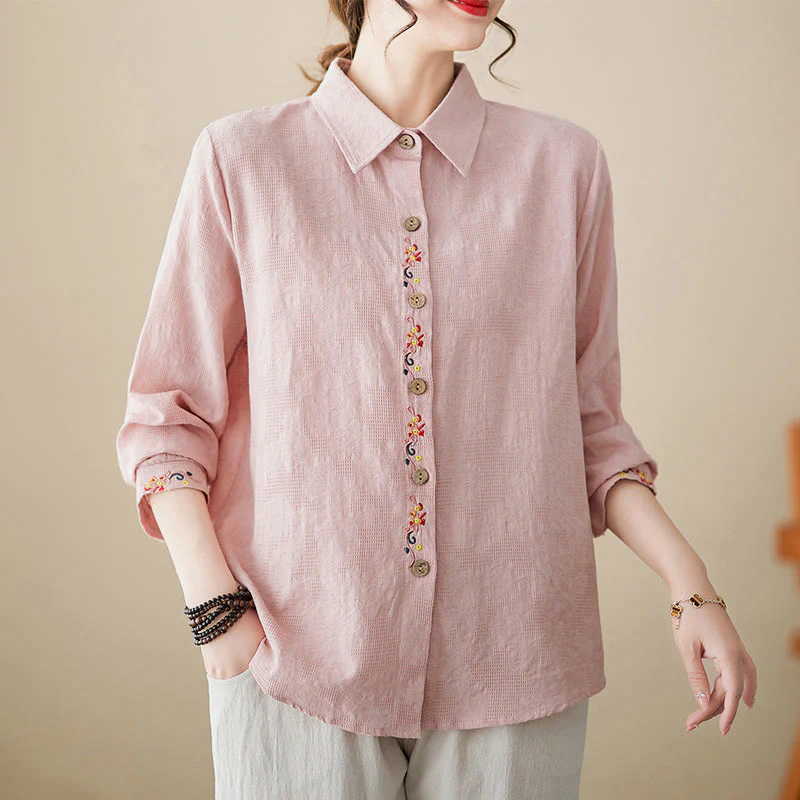 Camicia da donna in cotone con risvolto, a maniche lunghe, con motivo floreale ricamato, motivo Buddha Stones Spring - Image 8