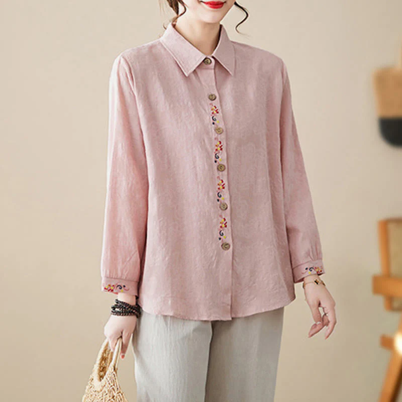 Camicia da donna in cotone con risvolto, a maniche lunghe, con motivo floreale ricamato, motivo Buddha Stones Spring - Image 9