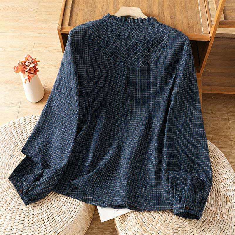 Camicia da donna in cotone a maniche lunghe con scollo a V, bottoni e motivo a quadri blu Buddha Stones Fall - Image 2