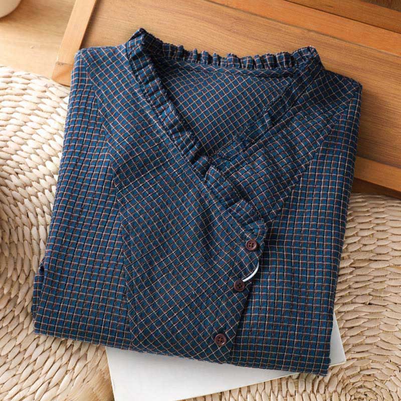 Camicia da donna in cotone a maniche lunghe con scollo a V, bottoni e motivo a quadri blu Buddha Stones Fall - Image 3