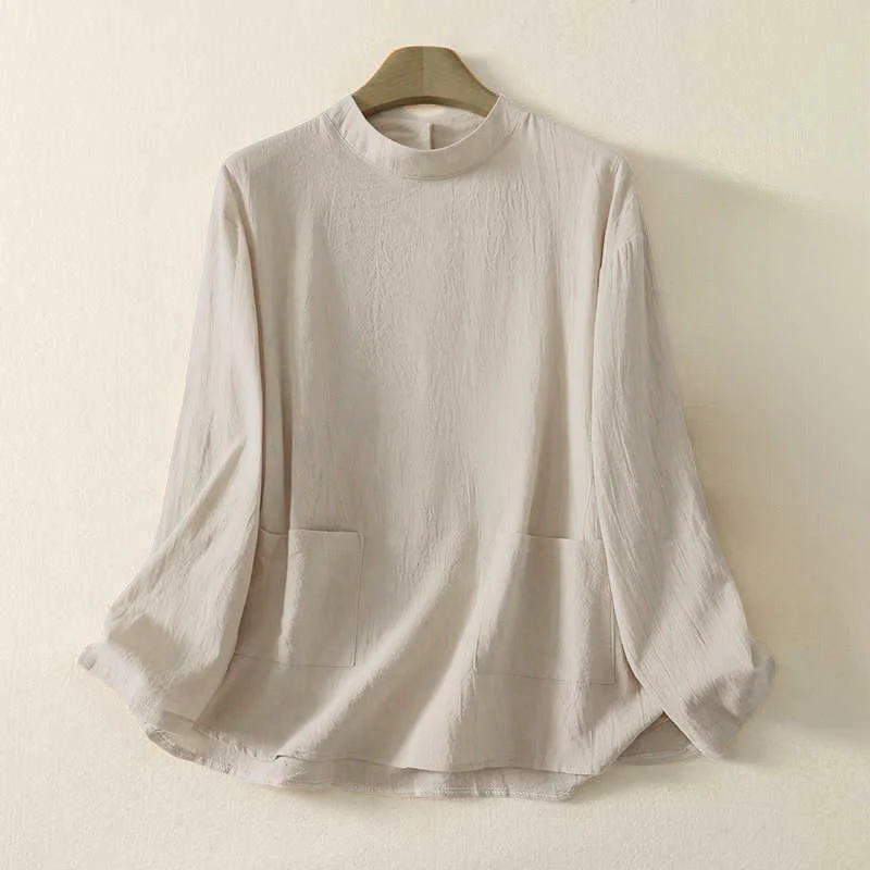 Camicia da donna in cotone a maniche lunghe con scollo rotondo e tre bottoni, modello Buddha Stones Fall Plain
