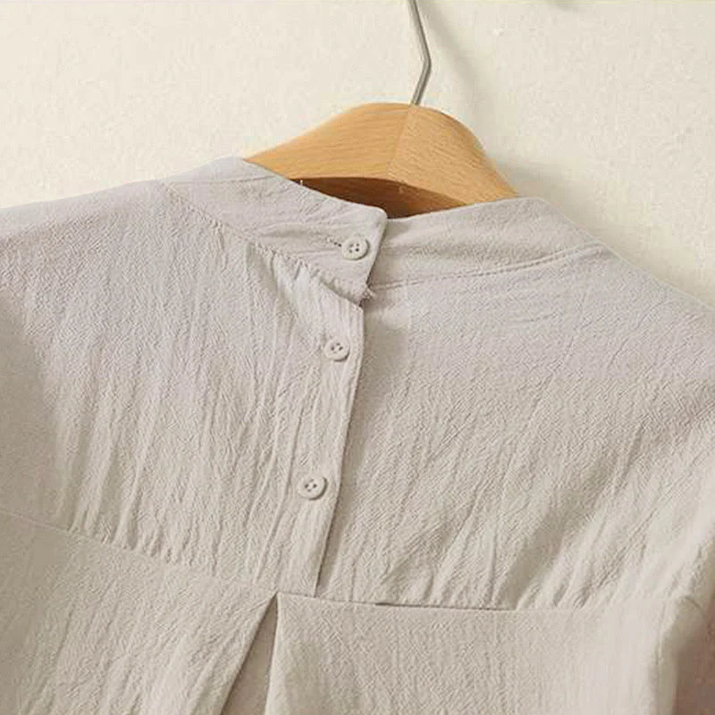 Camicia da donna in cotone a maniche lunghe con scollo rotondo e tre bottoni, modello Buddha Stones Fall Plain - Image 4