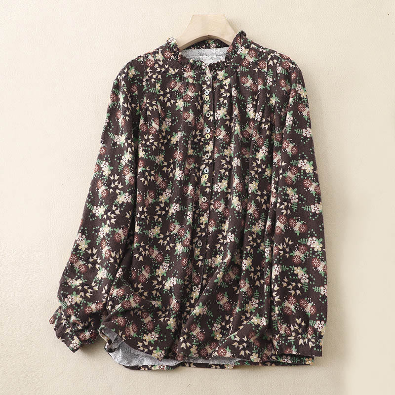 Camicia da donna in cotone a maniche lunghe con stampa floreale autunnale Buddha Stones e bottoni - Image 24
