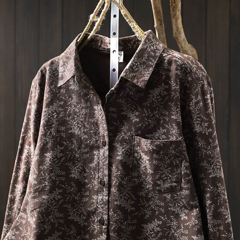Camicia da donna in cotone a maniche lunghe con stampa floreale autunnale Buddha Stones e bottoni - Image 12