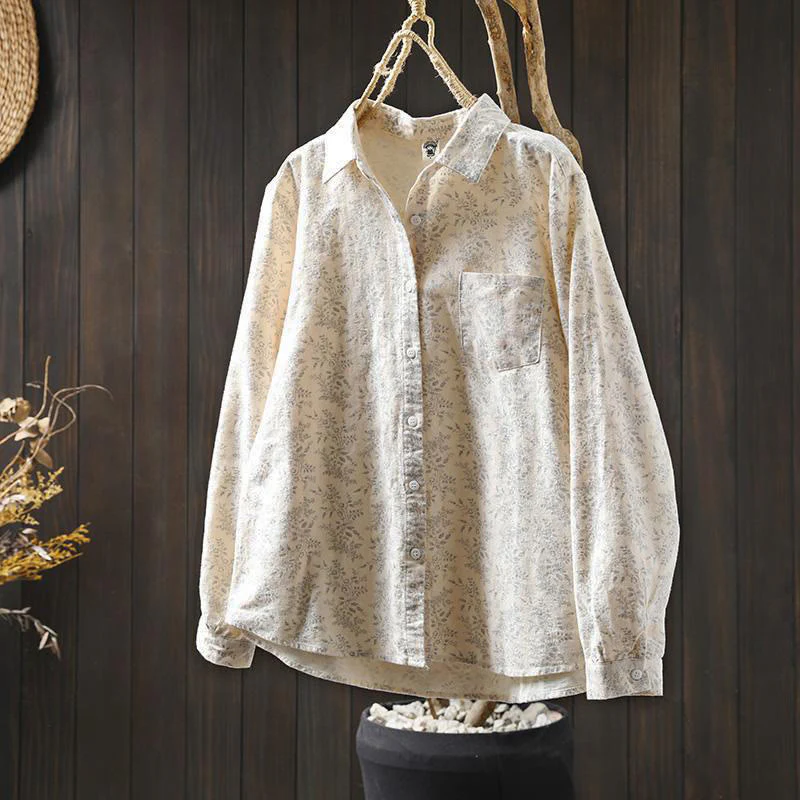 Camicia da donna in cotone a maniche lunghe con stampa floreale autunnale Buddha Stones e bottoni - Image 2
