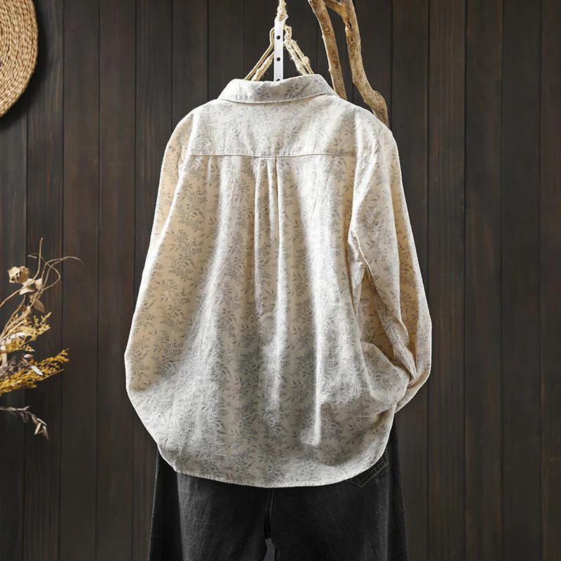 Camicia da donna in cotone a maniche lunghe con stampa floreale autunnale Buddha Stones e bottoni - Image 3