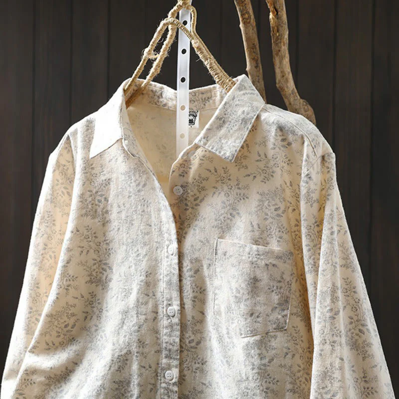 Camicia da donna in cotone a maniche lunghe con stampa floreale autunnale Buddha Stones e bottoni - Image 4