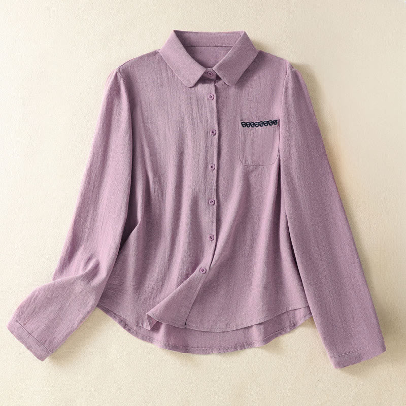 Camicia da donna in cotone a maniche lunghe con taschino, modello Buddha Stones, modello retrò semplice e primaverile, con ricamo