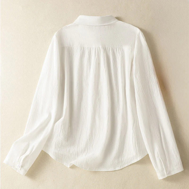 Camicia da donna in cotone a maniche lunghe con taschino, modello Buddha Stones, modello retrò semplice e primaverile, con ricamo - Image 10