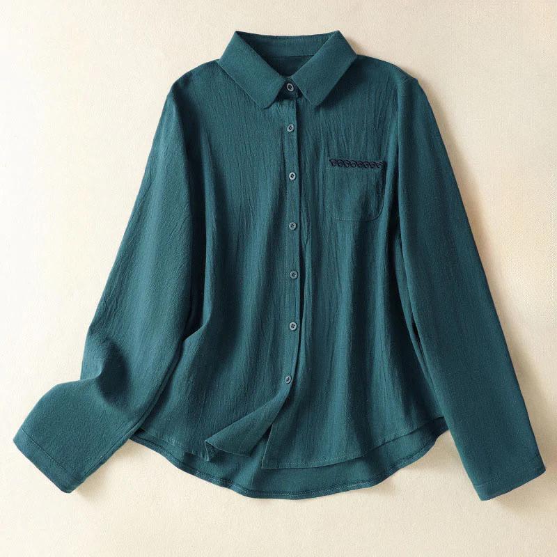 Camicia da donna in cotone a maniche lunghe con taschino, modello Buddha Stones, modello retrò semplice e primaverile, con ricamo - Image 18