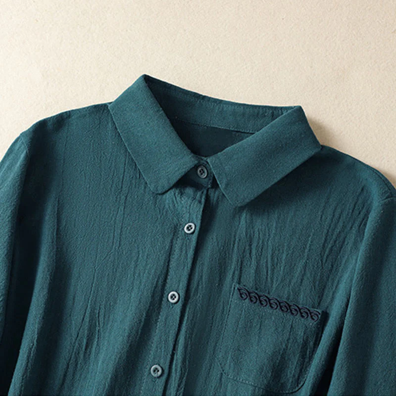 Camicia da donna in cotone a maniche lunghe con taschino, modello Buddha Stones, modello retrò semplice e primaverile, con ricamo - Image 19