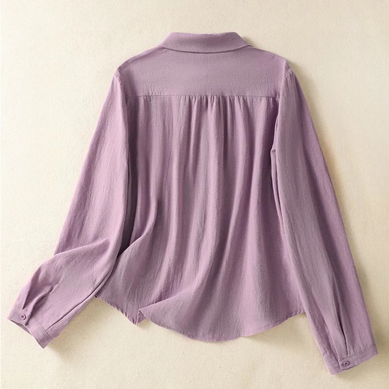 Camicia da donna in cotone a maniche lunghe con taschino, modello Buddha Stones, modello retrò semplice e primaverile, con ricamo - Image 2