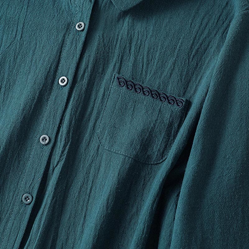 Camicia da donna in cotone a maniche lunghe con taschino, modello Buddha Stones, modello retrò semplice e primaverile, con ricamo - Image 21