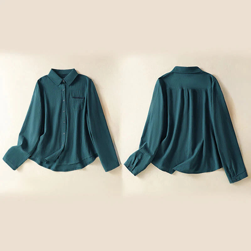 Camicia da donna in cotone a maniche lunghe con taschino, modello Buddha Stones, modello retrò semplice e primaverile, con ricamo - Image 25