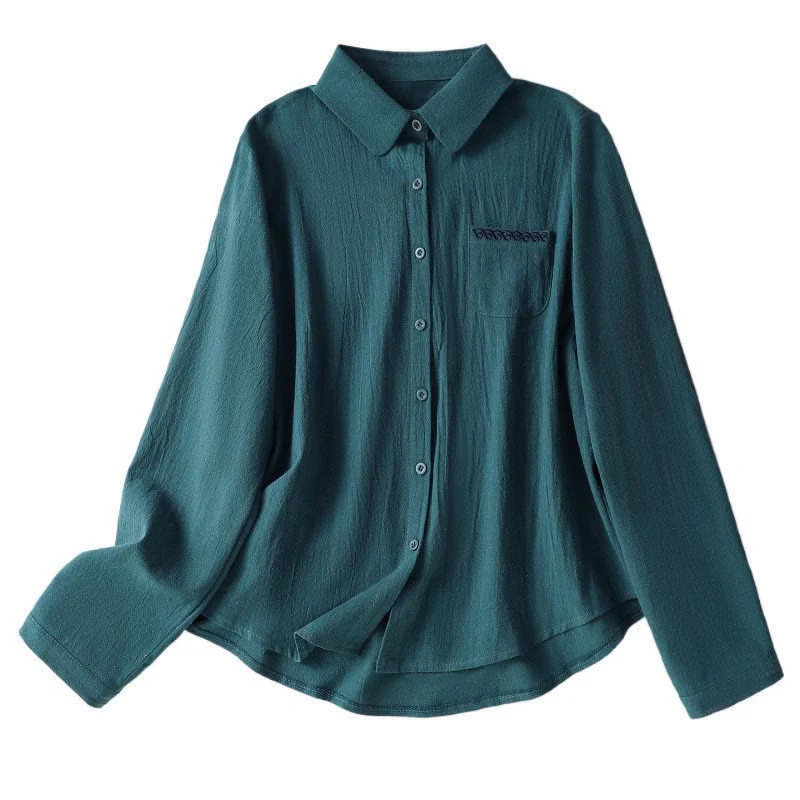 Camicia da donna in cotone a maniche lunghe con taschino, modello Buddha Stones, modello retrò semplice e primaverile, con ricamo - Image 26