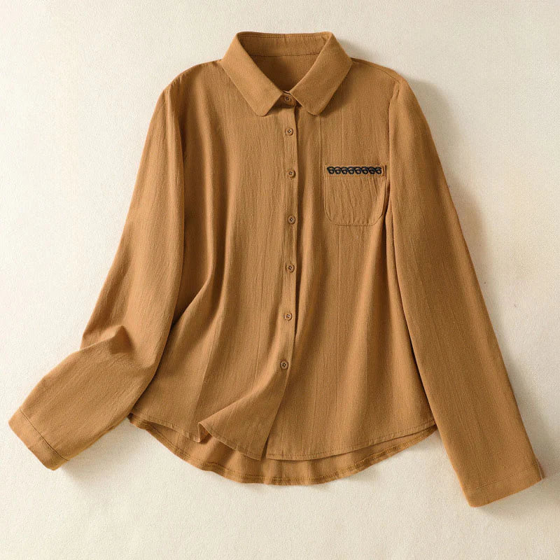 Camicia da donna in cotone a maniche lunghe con taschino, modello Buddha Stones, modello retrò semplice e primaverile, con ricamo - Image 27