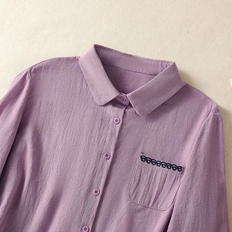 Camicia da donna in cotone a maniche lunghe con taschino, modello Buddha Stones, modello retrò semplice e primaverile, con ricamo - Image 3