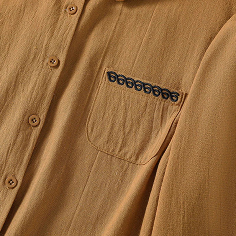 Camicia da donna in cotone a maniche lunghe con taschino, modello Buddha Stones, modello retrò semplice e primaverile, con ricamo - Image 30