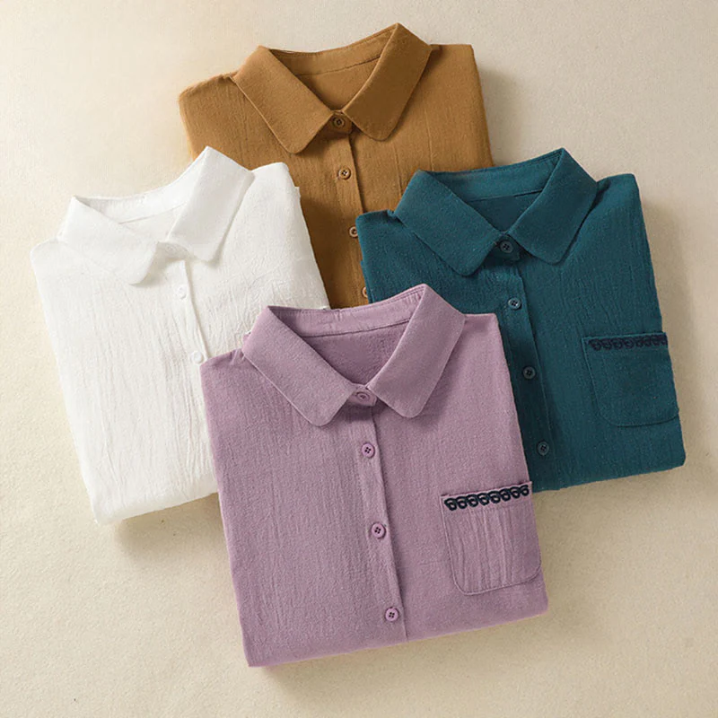 Camicia da donna in cotone a maniche lunghe con taschino, modello Buddha Stones, modello retrò semplice e primaverile, con ricamo - Image 34