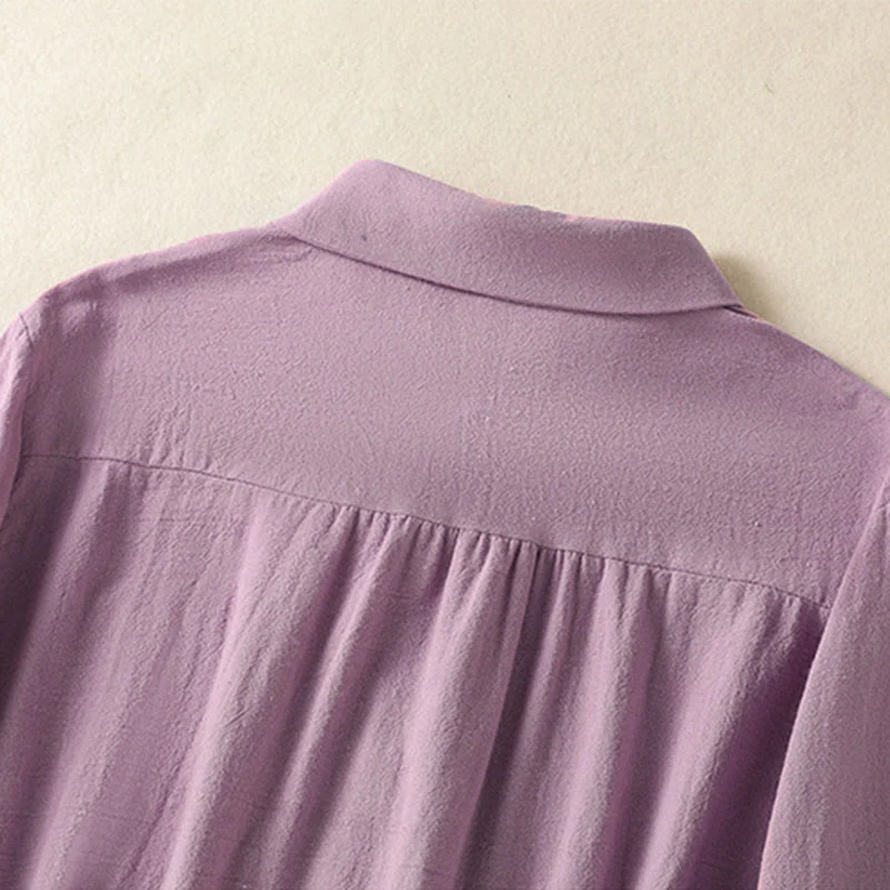 Camicia da donna in cotone a maniche lunghe con taschino, modello Buddha Stones, modello retrò semplice e primaverile, con ricamo - Image 4