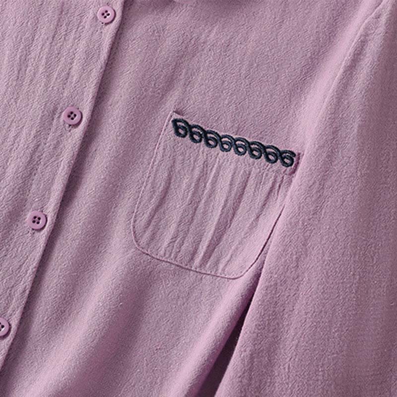 Camicia da donna in cotone a maniche lunghe con taschino, modello Buddha Stones, modello retrò semplice e primaverile, con ricamo - Image 5