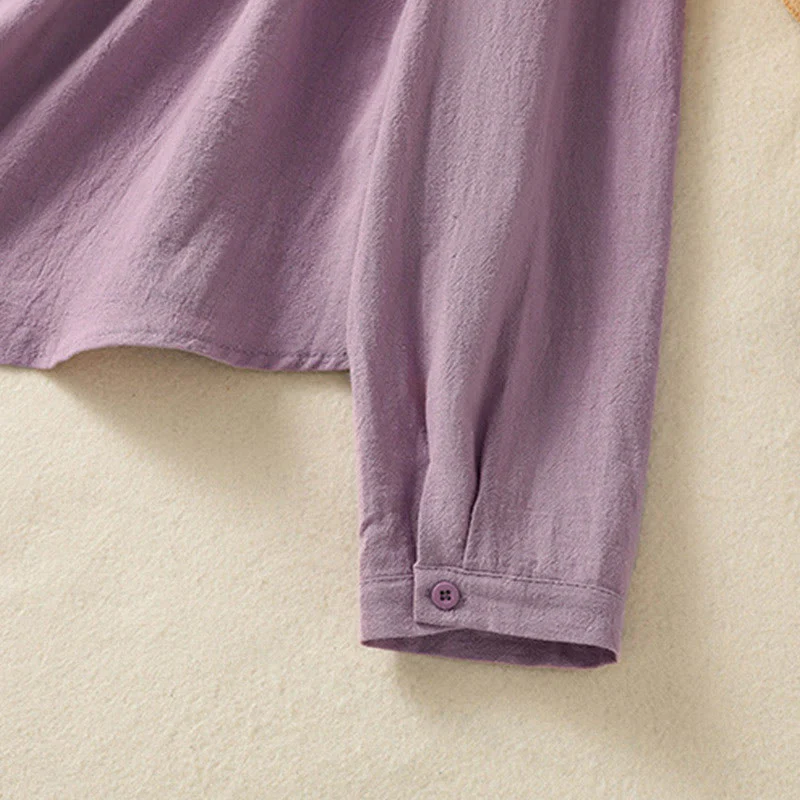 Camicia da donna in cotone a maniche lunghe con taschino, modello Buddha Stones, modello retrò semplice e primaverile, con ricamo - Image 7