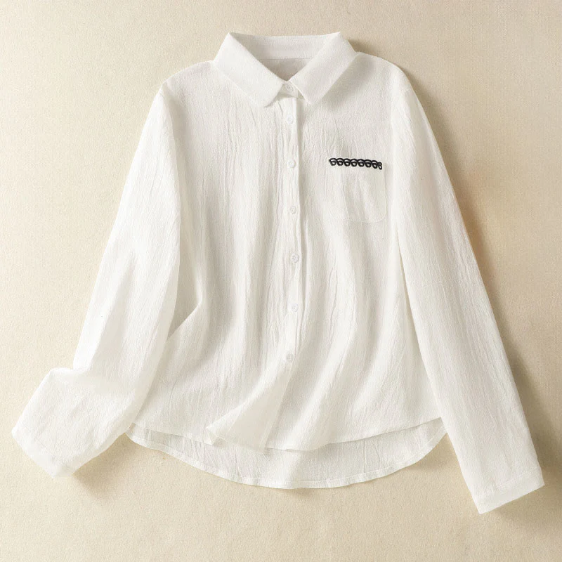 Camicia da donna in cotone a maniche lunghe con taschino, modello Buddha Stones, modello retrò semplice e primaverile, con ricamo - Image 9