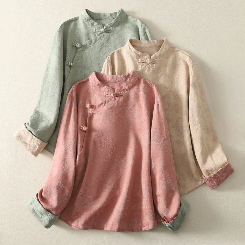 Camicia da donna in cotone a maniche lunghe Zen con motivo jacquard semplice primaverile Buddha Stones - Image 23