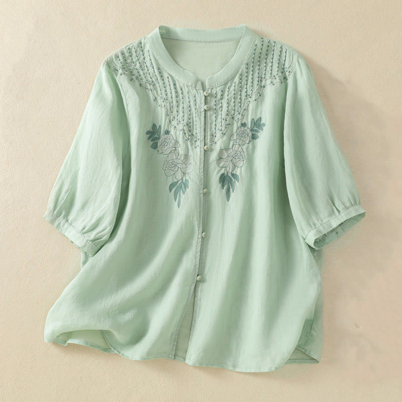 Camicia da donna in cotone a mezza manica con ricamo floreale Buddha Stones e bottoni