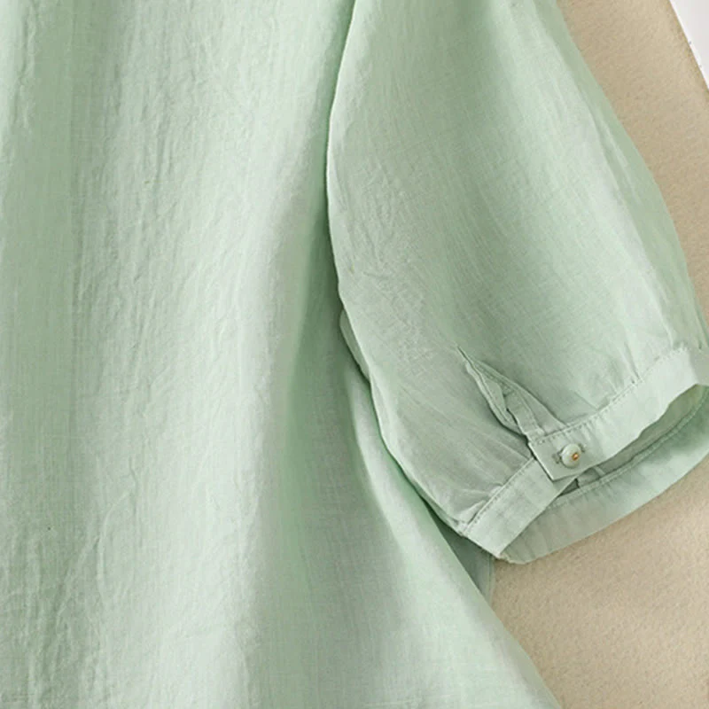 Camicia da donna in cotone a mezza manica con ricamo floreale Buddha Stones e bottoni - Image 10