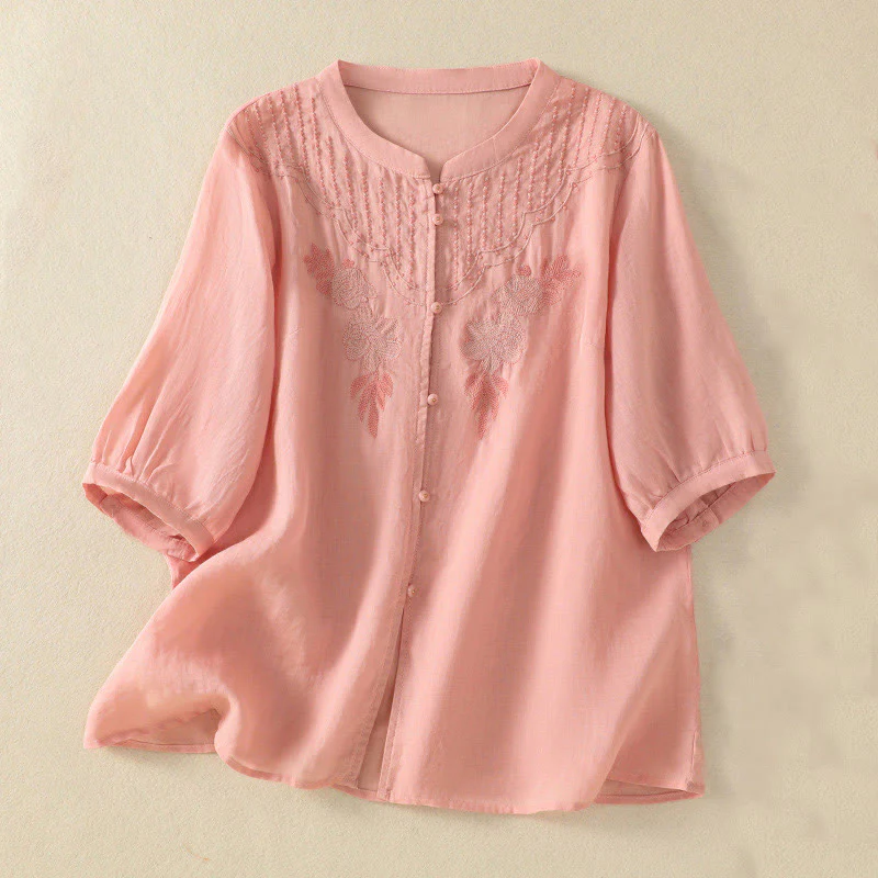 Camicia da donna in cotone a mezza manica con ricamo floreale Buddha Stones e bottoni - Image 12