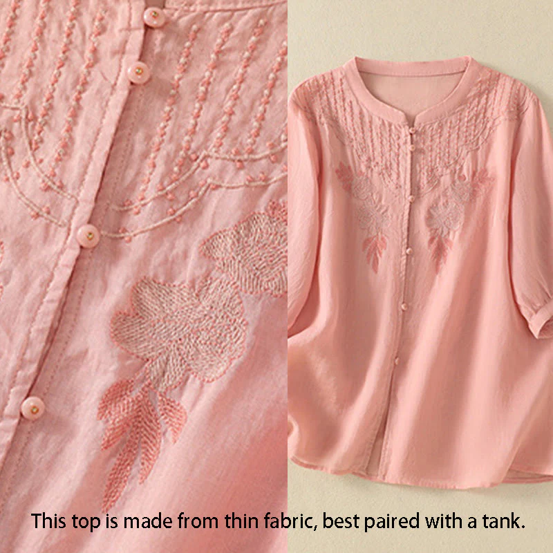 Camicia da donna in cotone a mezza manica con ricamo floreale Buddha Stones e bottoni - Image 14