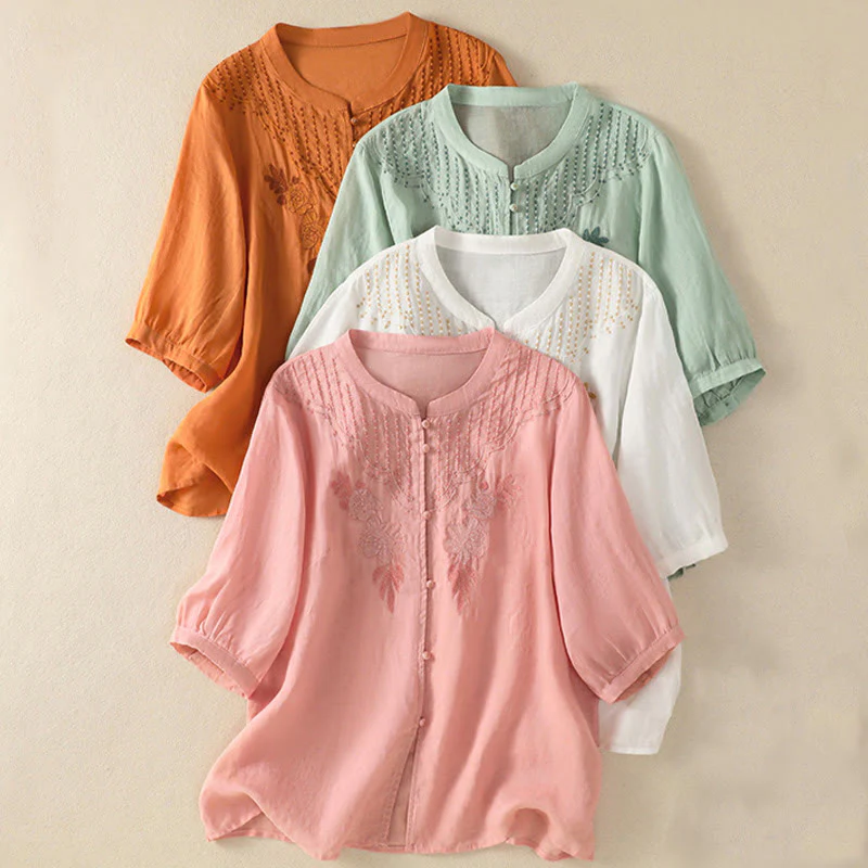 Camicia da donna in cotone a mezza manica con ricamo floreale Buddha Stones e bottoni - Image 2