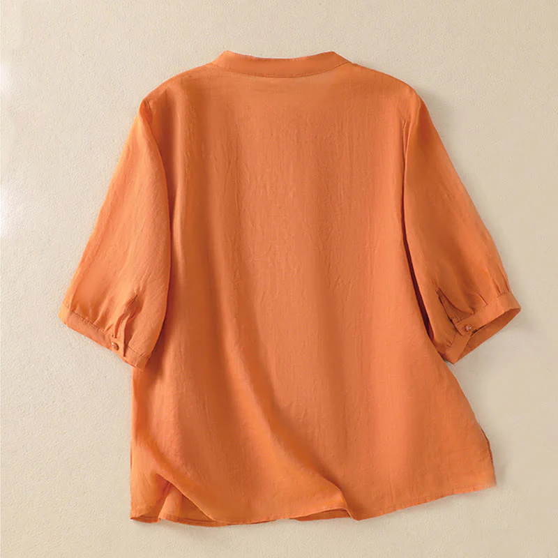Camicia da donna in cotone a mezza manica con ricamo floreale Buddha Stones e bottoni - Image 25