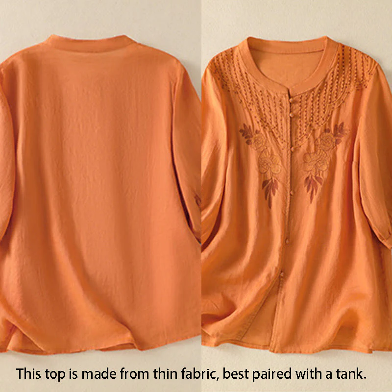 Camicia da donna in cotone a mezza manica con ricamo floreale Buddha Stones e bottoni - Image 26