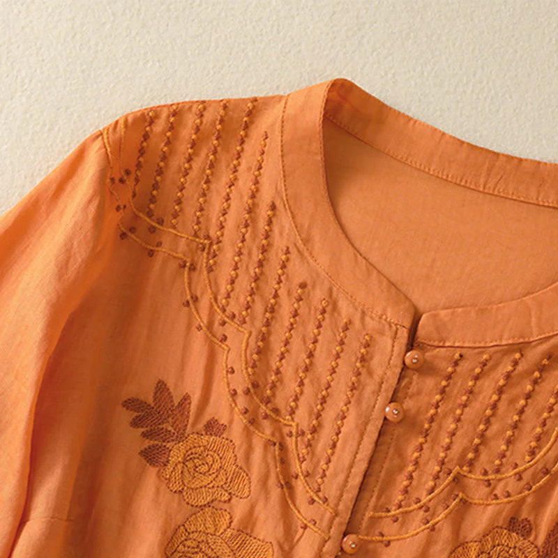 Camicia da donna in cotone a mezza manica con ricamo floreale Buddha Stones e bottoni - Image 27