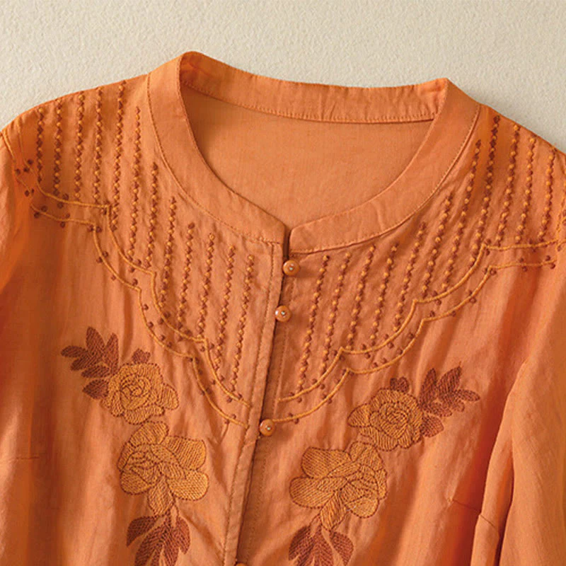 Camicia da donna in cotone a mezza manica con ricamo floreale Buddha Stones e bottoni - Image 28