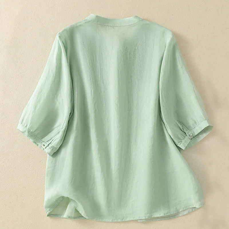 Camicia da donna in cotone a mezza manica con ricamo floreale Buddha Stones e bottoni - Image 3