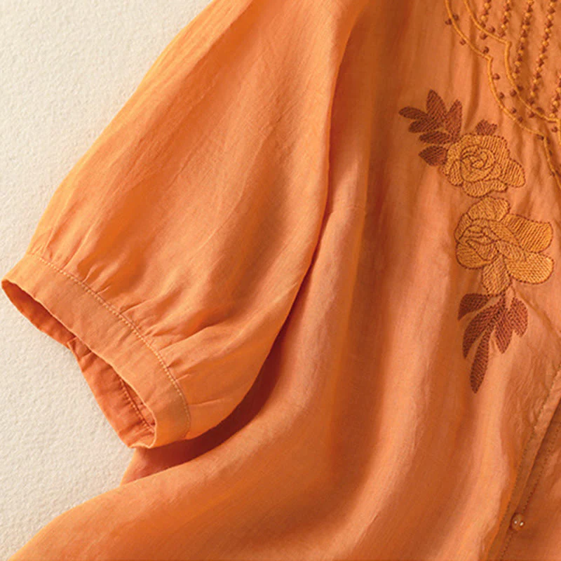 Camicia da donna in cotone a mezza manica con ricamo floreale Buddha Stones e bottoni - Image 31