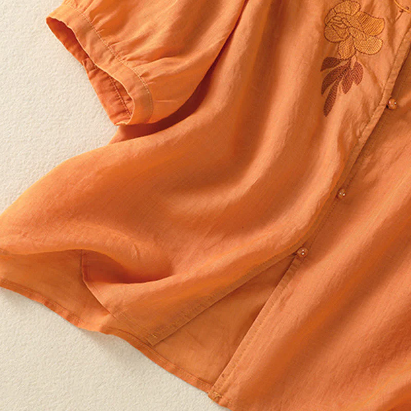 Camicia da donna in cotone a mezza manica con ricamo floreale Buddha Stones e bottoni - Image 32