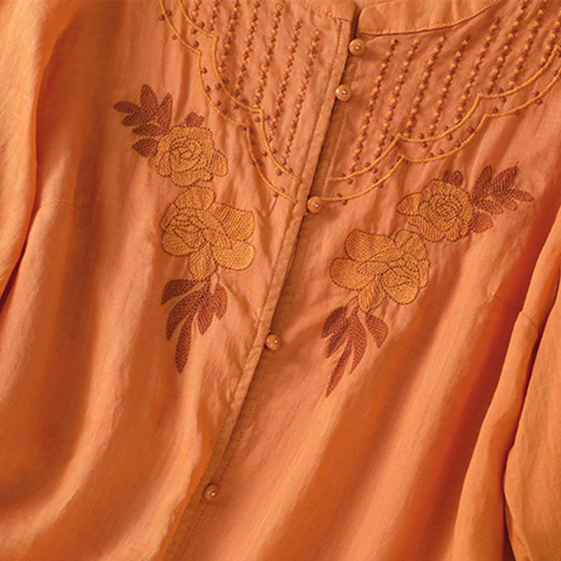 Camicia da donna in cotone a mezza manica con ricamo floreale Buddha Stones e bottoni - Image 33